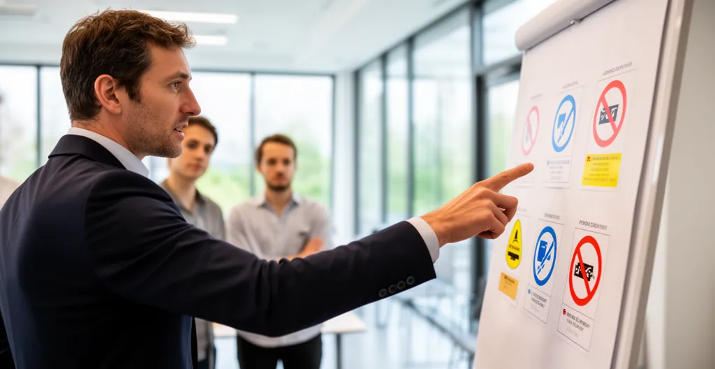 Formateur expliquant les codes couleurs des pictogrammes de sécurité à un groupe de stagiaires