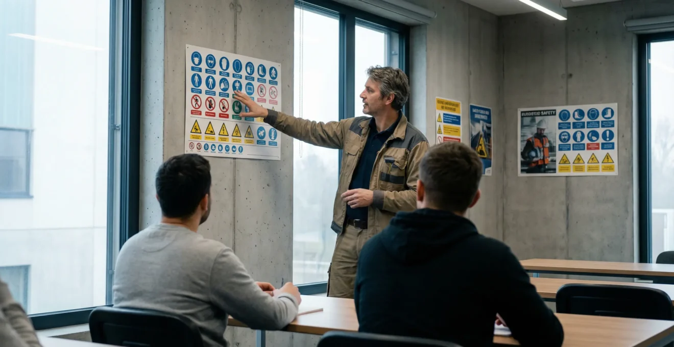 Formateur SST présentant un panneau de signalétique de sécurité à des stagiaires en salle
