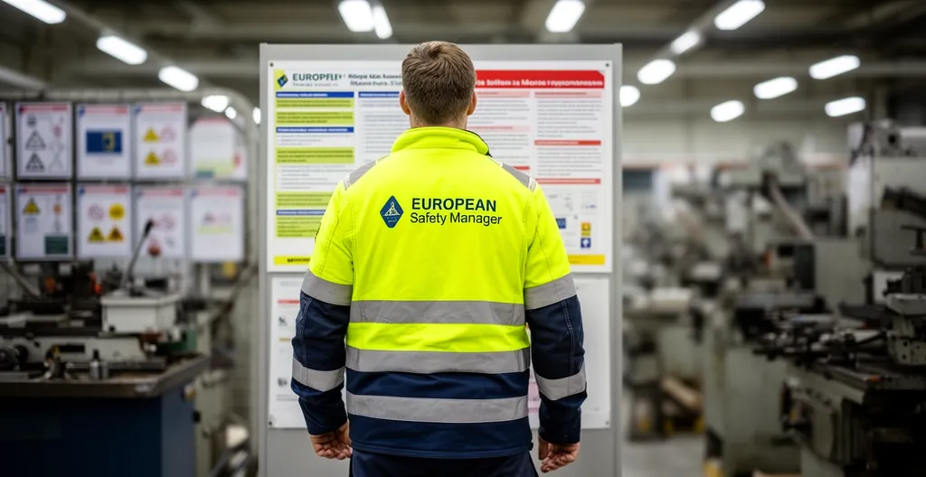 Responsable sécurité vérifiant un panneau d'affichage obligatoire dans un atelier industriel