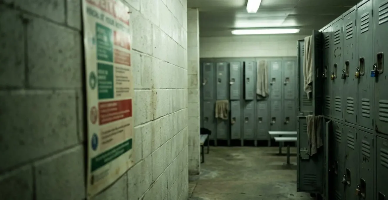 Une affiche de sécurité plastifiée est visible sur le mur d'un vestiaire industriel avec des casiers métalliques en arrière-plan
