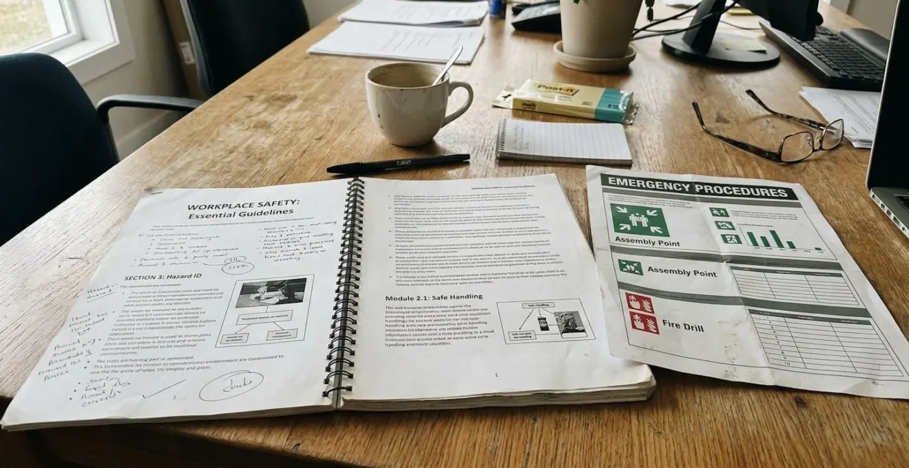 Un manuel de formation ouvert à côté d'une affiche pliée sur une table de salle de réunion