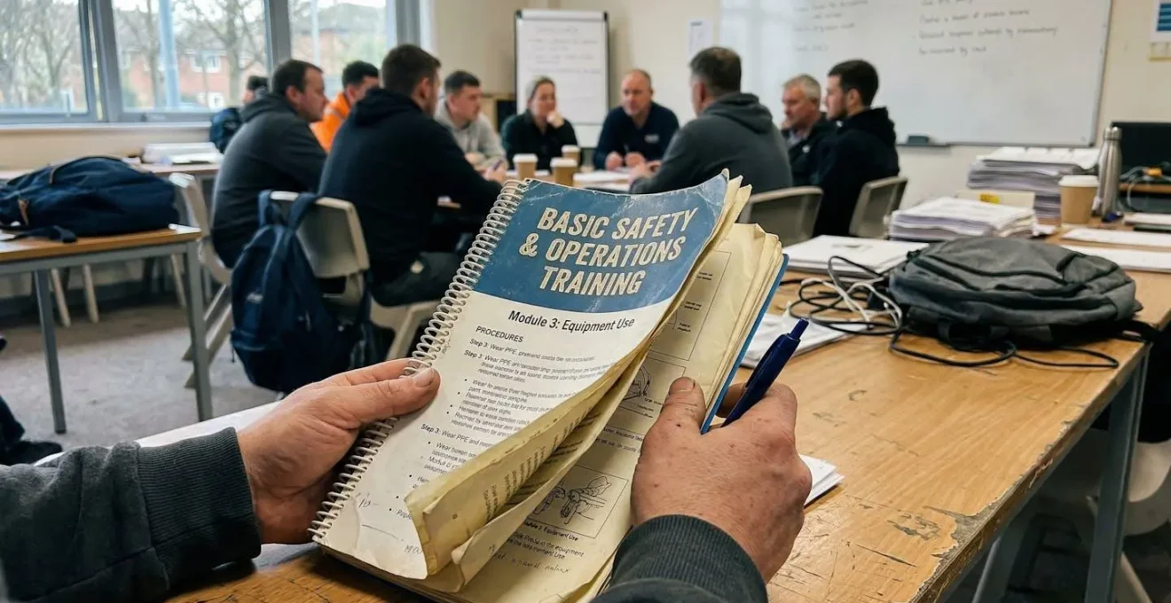 Des mains tiennent un manuel de formation ouvert avec un groupe de stagiaires flou en arrière-plan dans une salle de formation