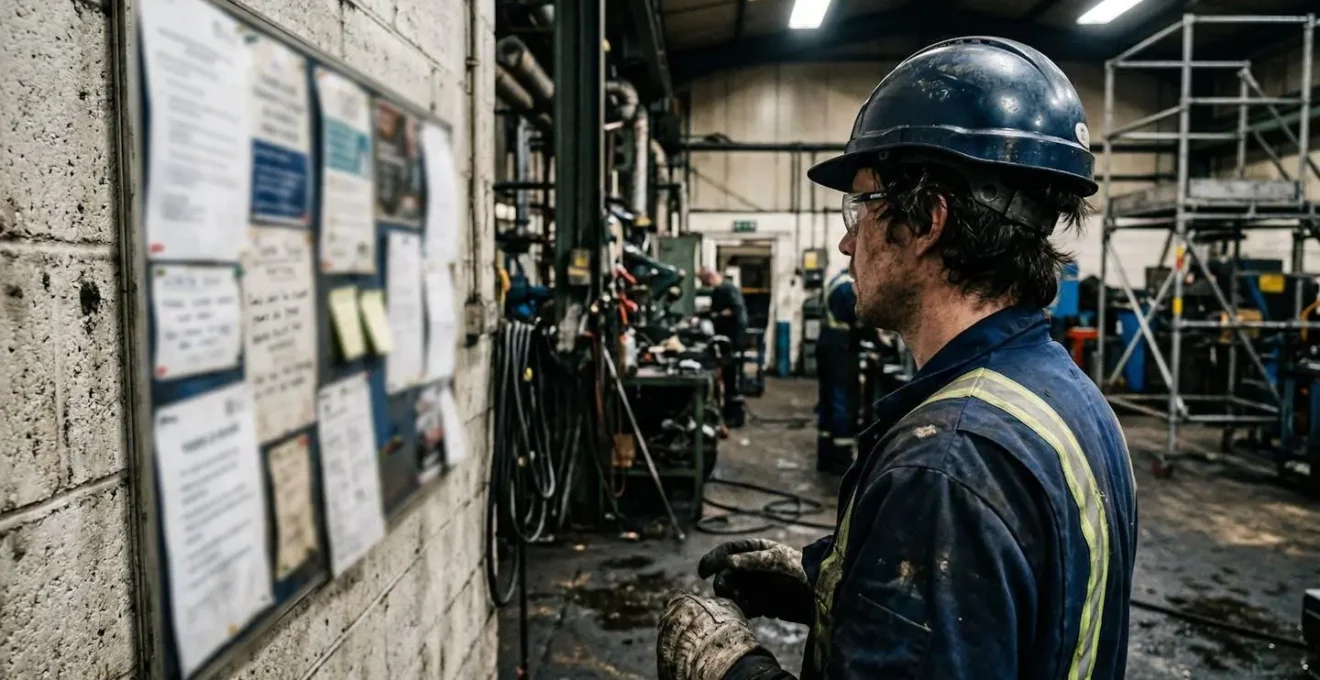 Un ouvrier en tenue de travail observe un panneau d'affichage dans un atelier industriel éclairé par des néons